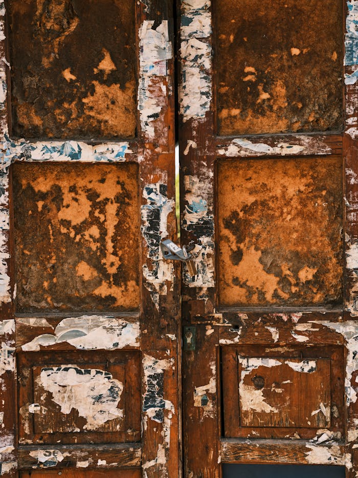 services-03 Close-up of an old, weathered door with peeling paint and a vintage lock.